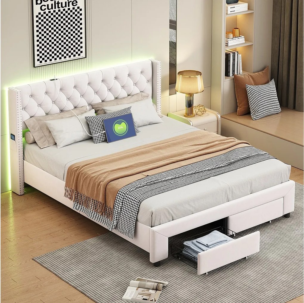 Pikowane łóżko 140x190 cm z beżowego aksamitu z miejscem do przechowywania, wbudowanymi LED i portami USB - metalowa rama i drewniane listwy
