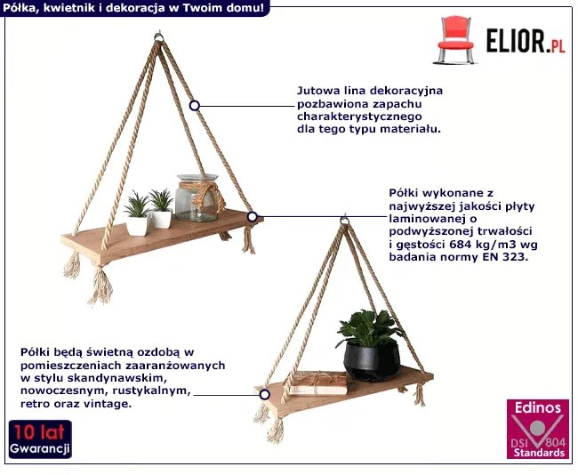 Komplet dwóch dębowych półek na linach K6-E28