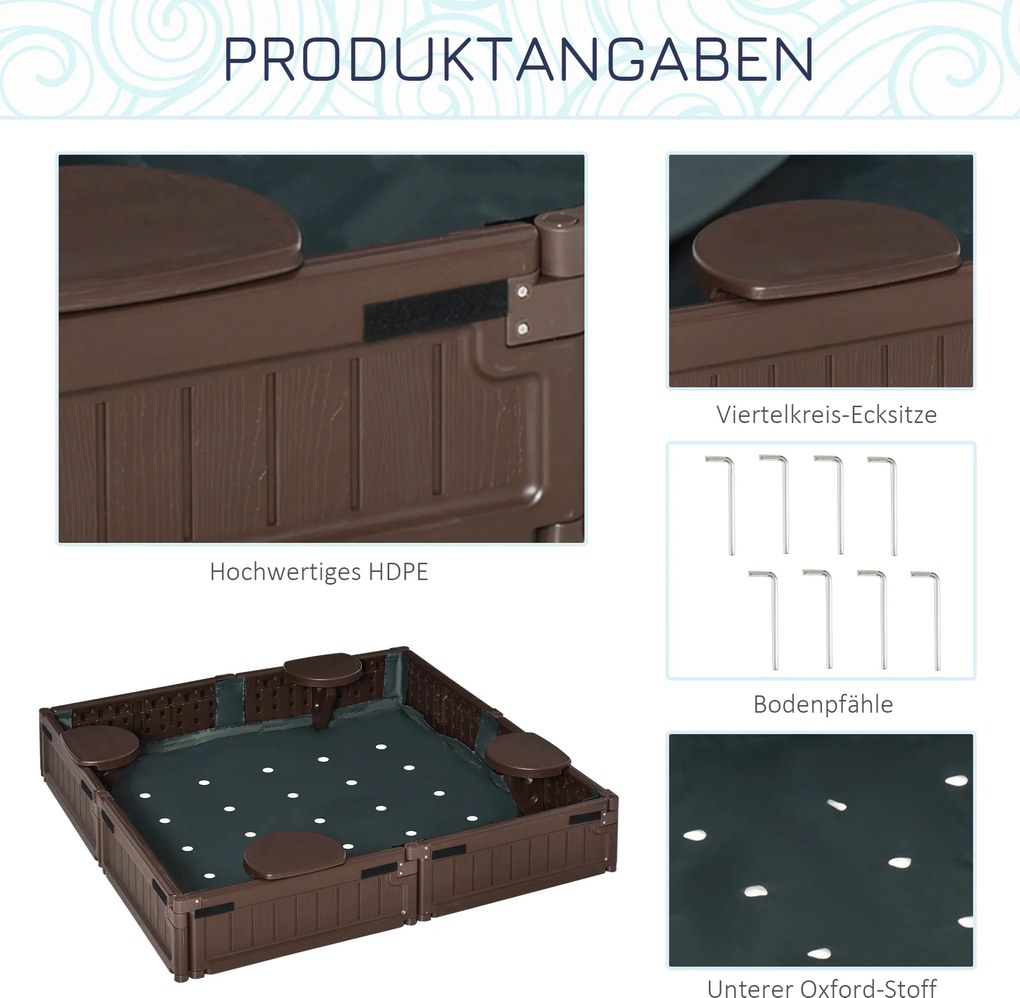 Outsunny Piaskownica z siedzeniami dla 4 osób, z podkładką i pokrowcem, dla dzieci w wieku od 3 do 12 lat, HDPE, 123 x 123 x 21 cm, brązowa
