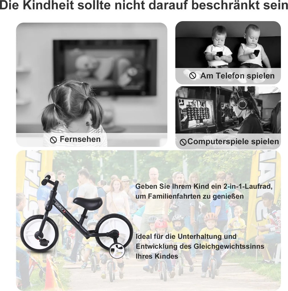 HOMCOM Rowerek Biegowy 2 w 1 Dla Dzieci Z Kółkami Podporowymi i Pedałami 2-5 Lat PP Czarny | Aosom PL