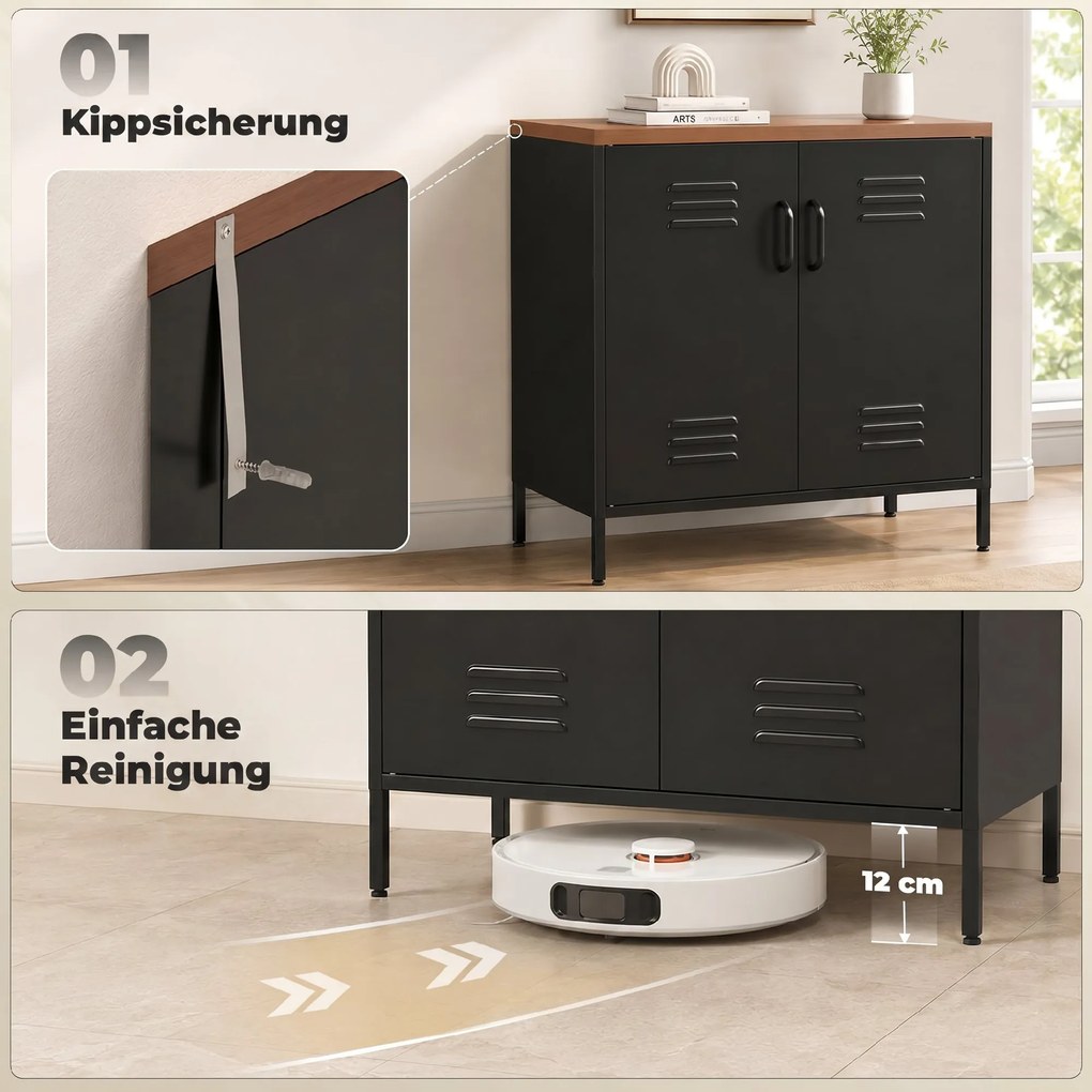 HOMCOM Metalowe sideboard, 80x40x80 cm, przemysłowa szafka do przechowywania z 2 drzwiami i regulowaną półką do salonu, biura, Czarny | Aosom PL