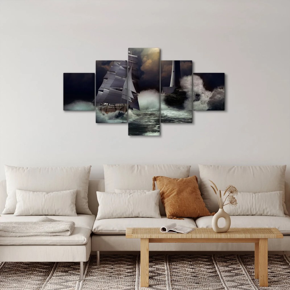 Obraz - Statek płynący przez wzburzone fale (125x70 cm)