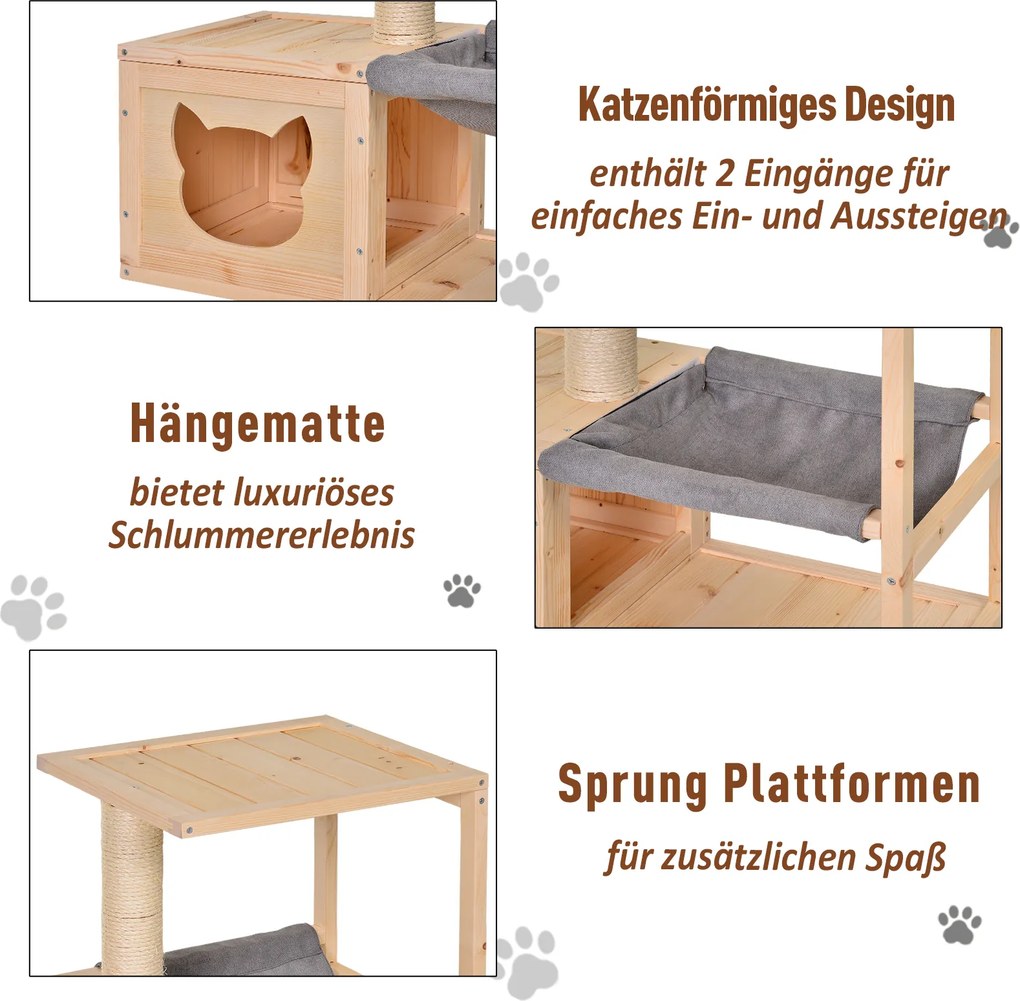 PawHut wielofunkcyjny domek dla kota z drapakiem hamakiem i słupkiem sizalowym drewno jodłowe naturalne | Aosom PL