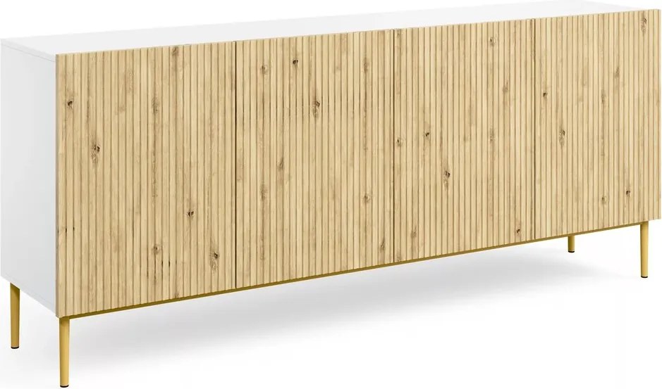 Komoda Nicole 200 cm czterodrzwiowa - biały / dąb artisan / złote nóżki