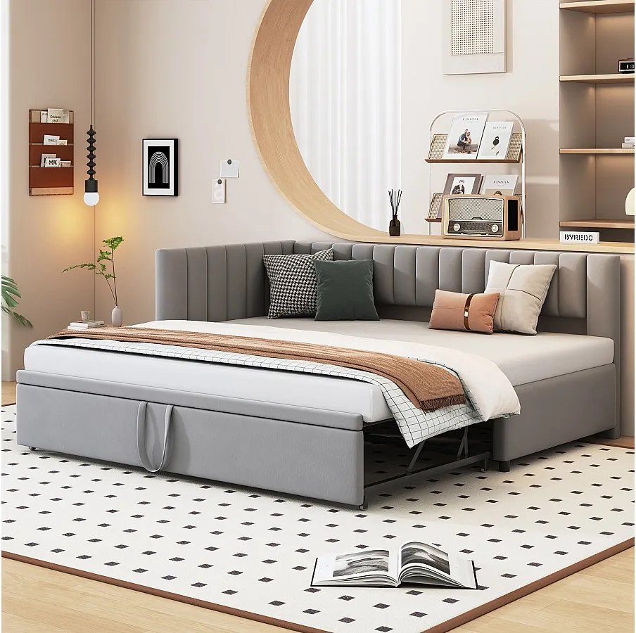 Łóżko wysuwane 90/180 x 200 cm w kształcie litery L, Sofa z funkcją spania - Aksamit - Stelaż listwowy - jasnoszary (bez materaca)