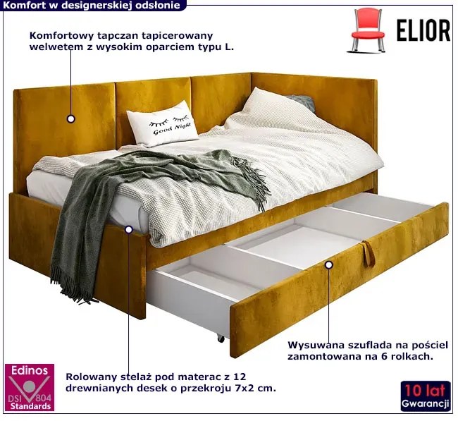 Musztardowy tapczan z szufladą na pościel H6-L96