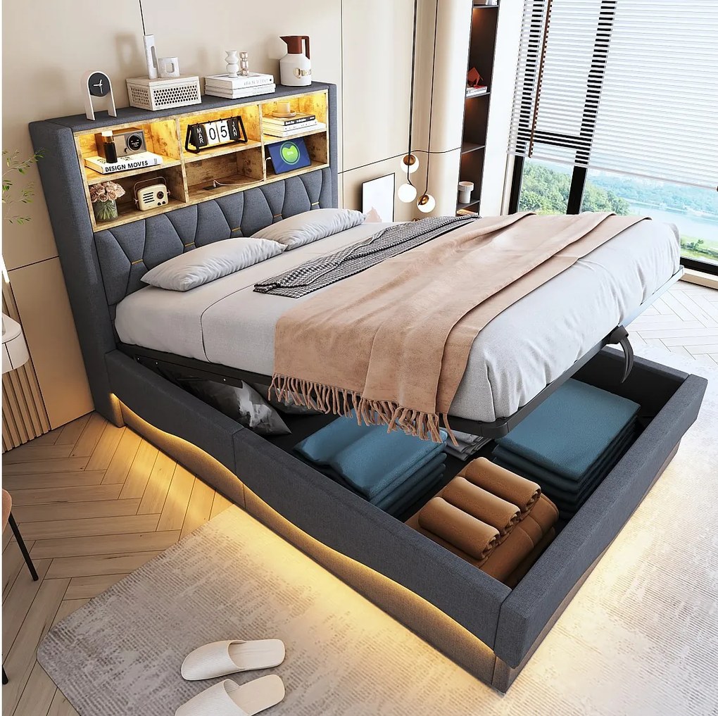 Łóżko tapicerowane ze schowkiem - 140 x 200 cm - schowek hydrauliczny - z diodami LED + USB - Len + Metal + Sklejka + MDF - szare