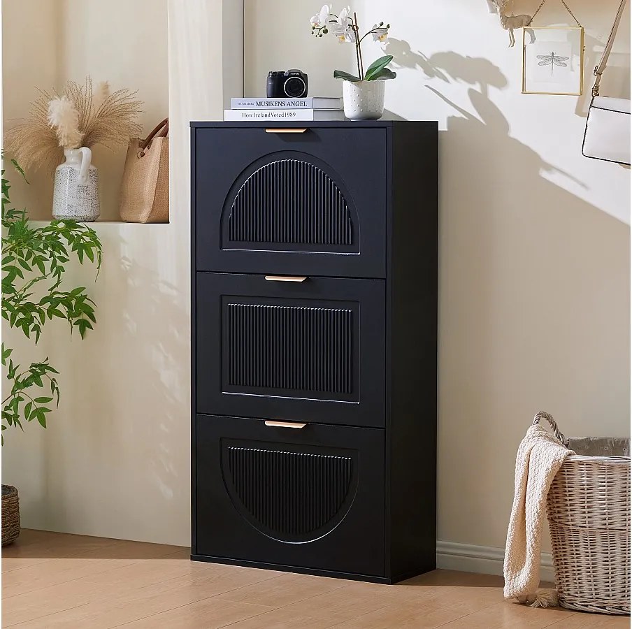 Wąska szafka na buty 3-drzwiowa - 60 x 24 x 114 cm - do przedpokoju/salonu - MDF - czarna
