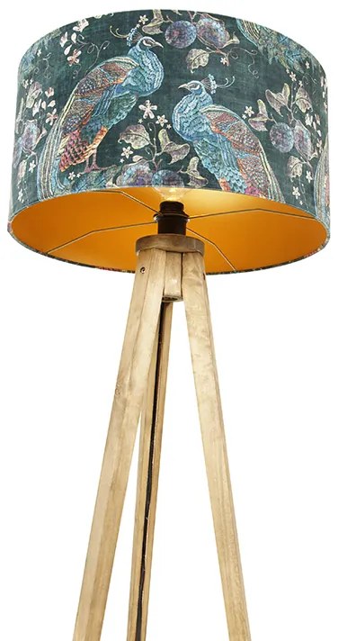 Statyw Vintage Drewno z Kloszem Pawim Zielonym 50 cm - Tripod Classic Rustykalny / Vintage Oswietlenie wewnetrzne