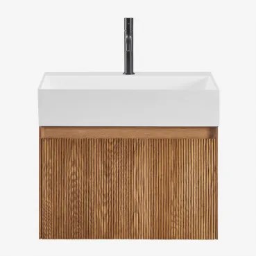 Zestaw Wiszących Mebli Łazienkowych Zintegrowany Z Umywalką Aldeia Popielaty Brąz & Bezlusterkowiec & Czarny Matowy - Sklum