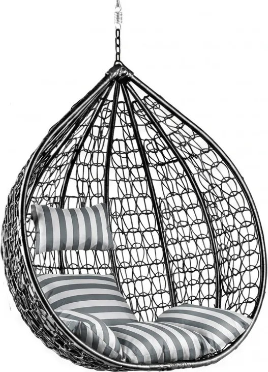 Czarne wiszące krzesło KOKON bez stojaka, biało-szara poduszka