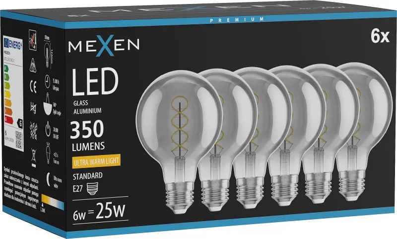 Mexen Vintis 6x żarówka filament spirala LED E27, G80, 6W, Ciepła - 2200K, 350 lm, smoke - L165-E27-0622-70x06