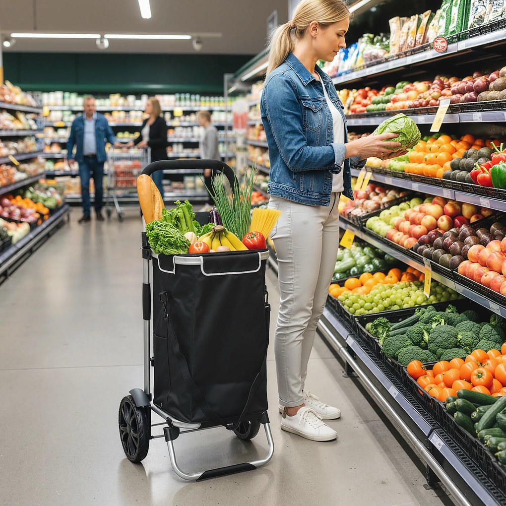 HOMCOM 3 w 1 składany wózek na zakupy 40L, udźwig do 25 kg, z kieszenią termo, czarny