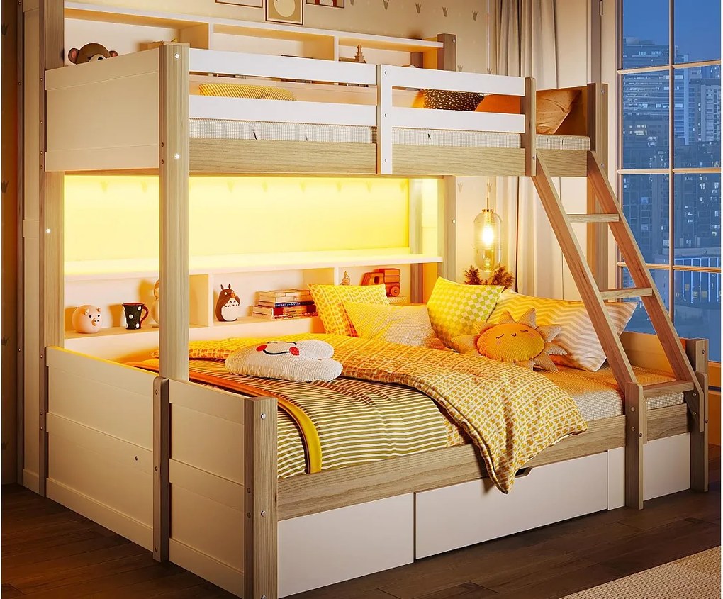 Łóżko piętrowe 90x200cm + 140x200cm - z drabinką i barierką zabezpieczającą - 1 szuflada - oświetlenie LED - kolor naturalny (materac nie jest wliczony w cenę)