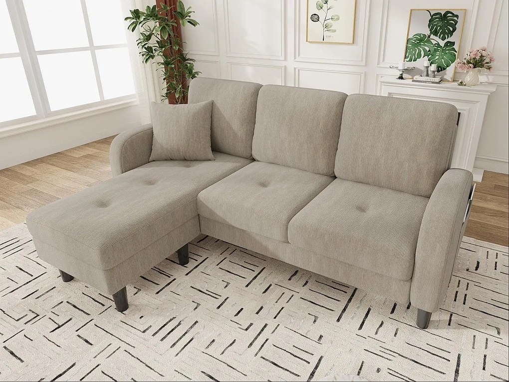 Kanapa narożna z szezlongiem - 3-osobowa - Welur żebrowany - Jasny brązowy