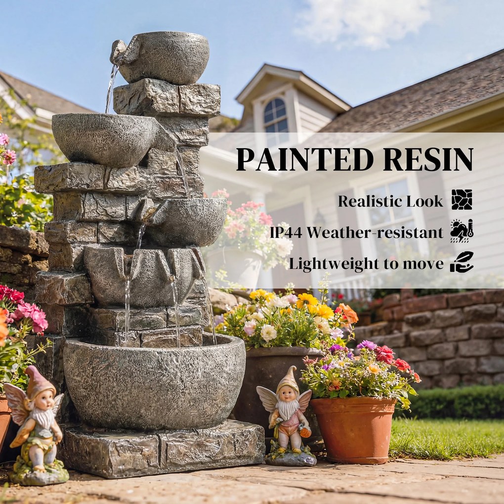 Outsunny Zewnętrzna Fontanna Ogrodowa z Żywicy z Oświetleniem LED, Pompą i Kamiennym Wyglądem 34 x 36 x 80 cm | Aosom PL