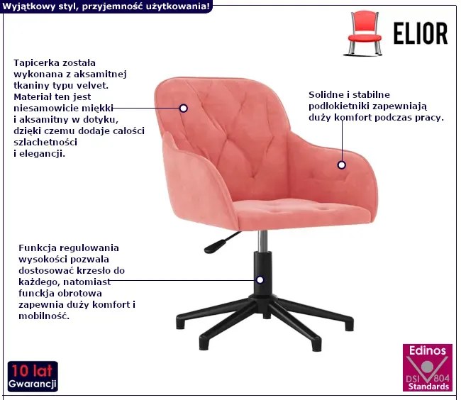 Różowe obrotowe welurowe krzesło biurowe - Picanta 8X