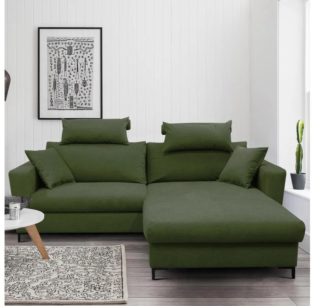 Rozkładany narożnik w układzie L z pojemnikiem na pościel HORTA, prawostronny, zielony