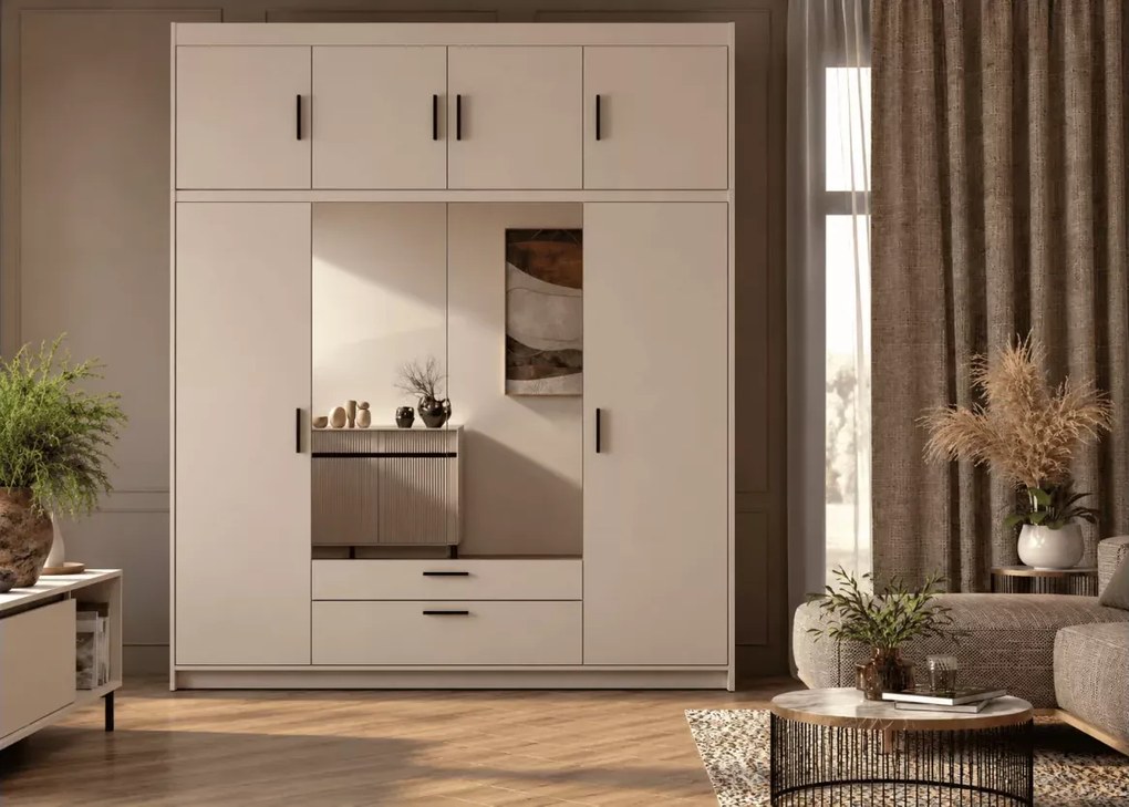 Szafa Ele 4 176 cm dąb piaskowy z lustrem – czterodrzwiowa z 2 szufladami, półkami i drążkami