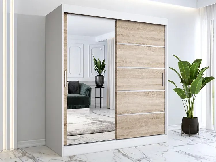 Szafa przesuwna do pokoju 180 cm biel + dąb sonoma - Ebia 5X
