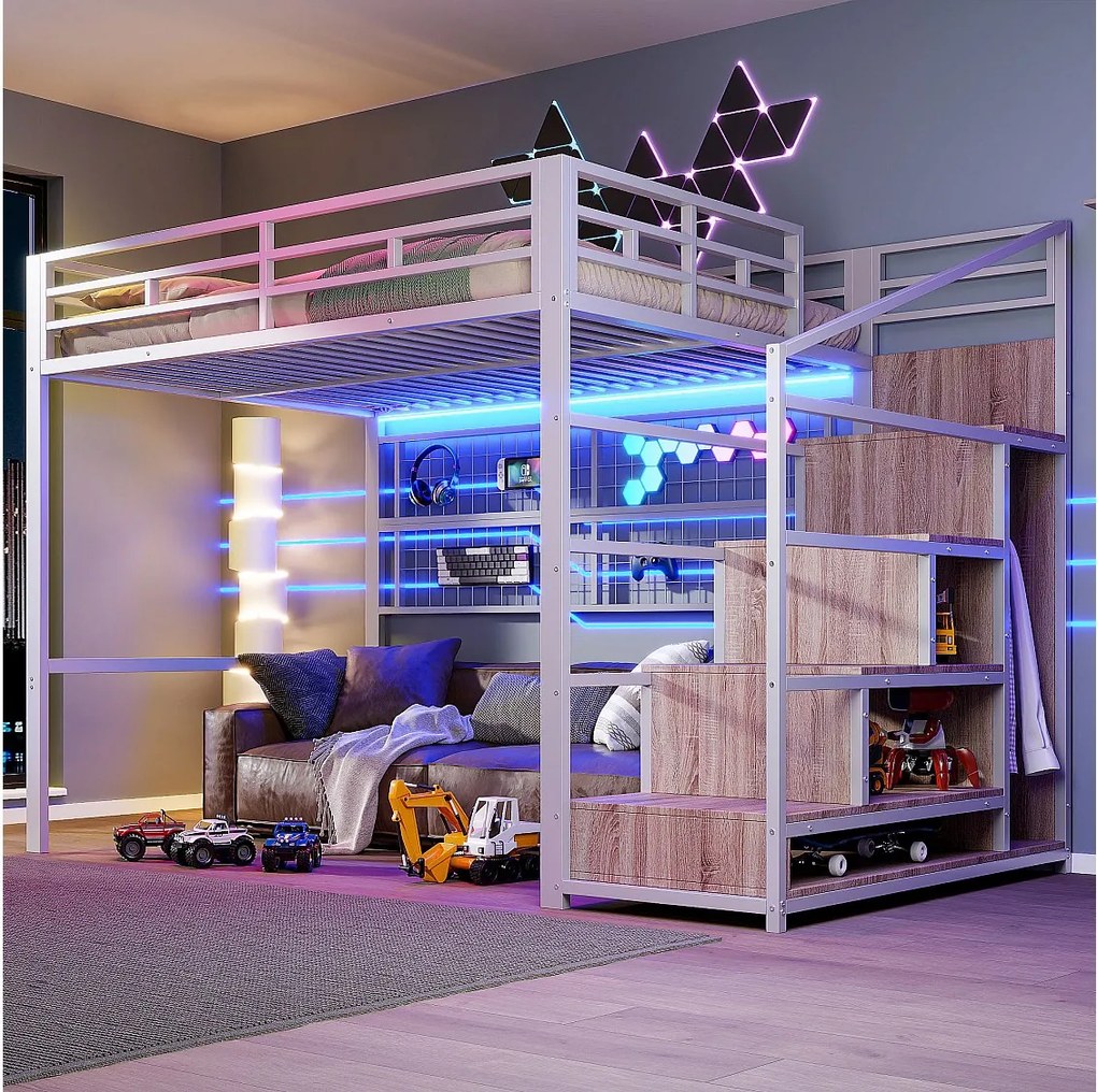 Łóżko piętrowe dla dzieci - 140 x 200 cm - z szafą + schowkiem na klatce schodowej + diodami LED - Metal + MDF - biały