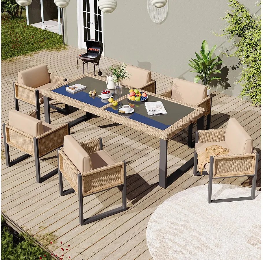 Zestaw ogrodowy stół i 6 krzeseł z polirattanu - stal ocynkowana, rattan PE, szkło hartowane - brązowy + czarny