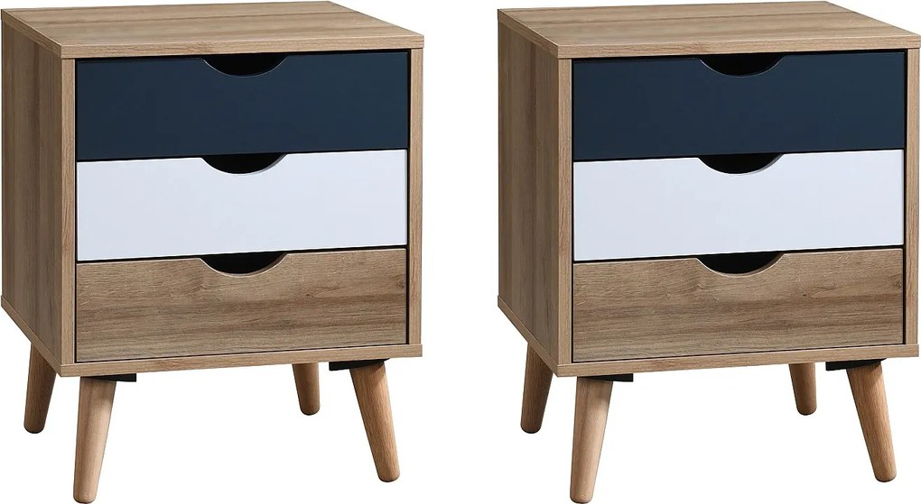 Zestaw 2 szafek nocnych z 3 szufladami - Kolory: Naturalny, biały i granatowy - LURVIA