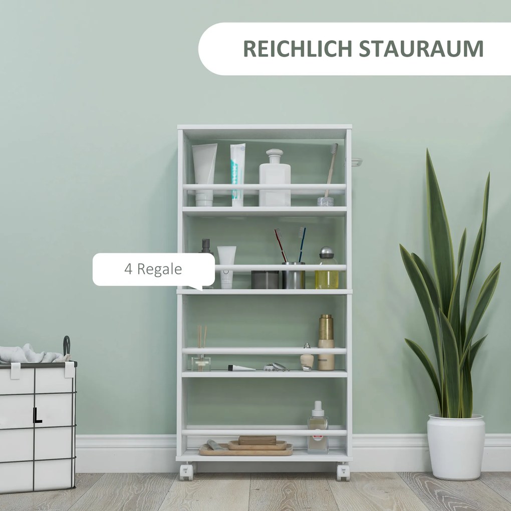 HOMCOM Regał wielofunkcyjny na kółkach, wąski, 4 półki, 45x15x91 cm, Biały