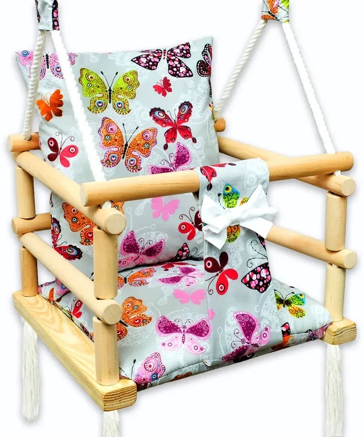 Szara huśtawka kubełkowa dla dzieci w motylki E0-G78