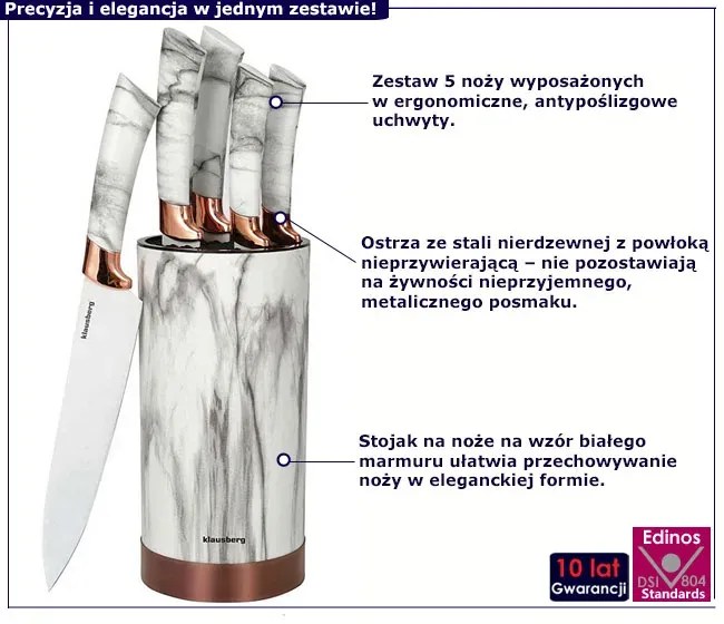 5 elementowy zestaw noży kuchennych biały marmur Amia