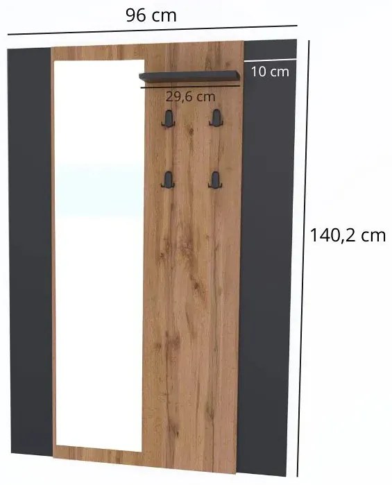 Nowoczesny wieszak ścienny z lustrem dąb wotan + czarny L0-M60