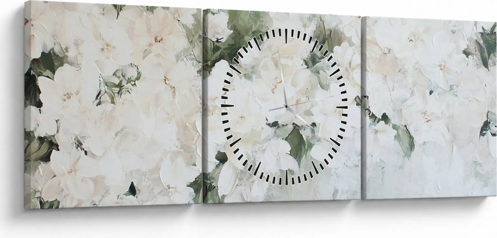 Obraz - Abstrakcja białych kwiatów (z zegarem) (90x30 cm)