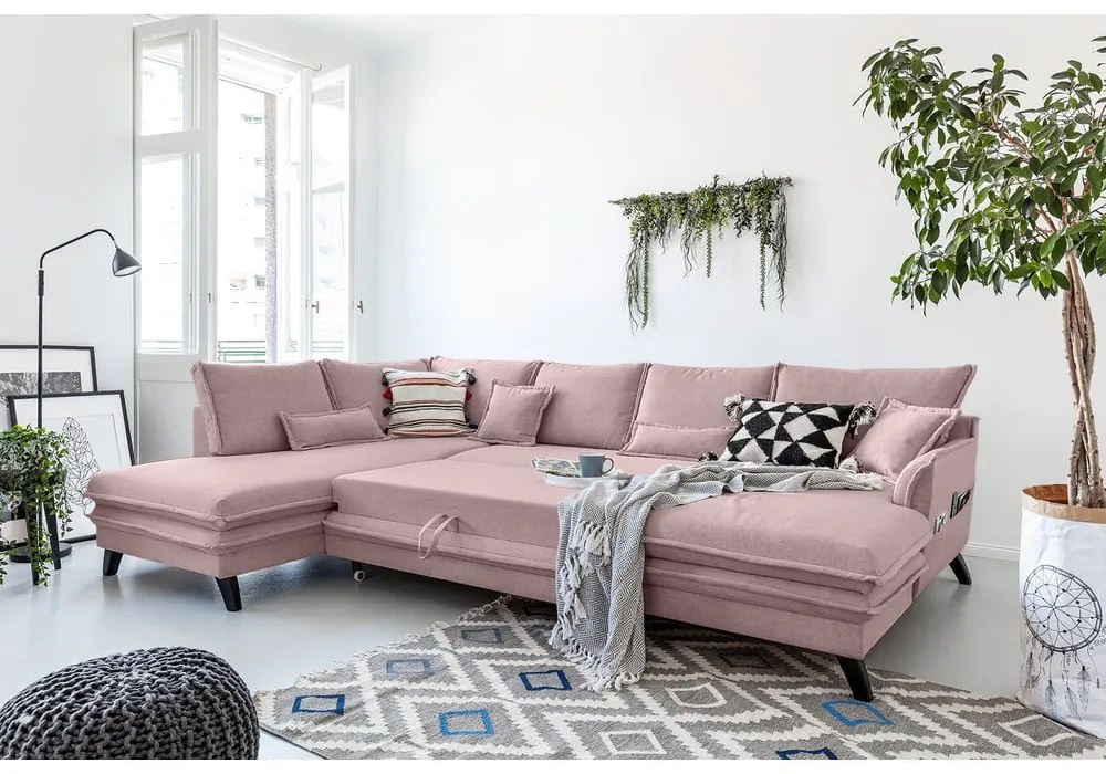 Pudroworóżowa rozkładana sofa w kształcie litery "U" Miuform Charming Charlie, lewostronna