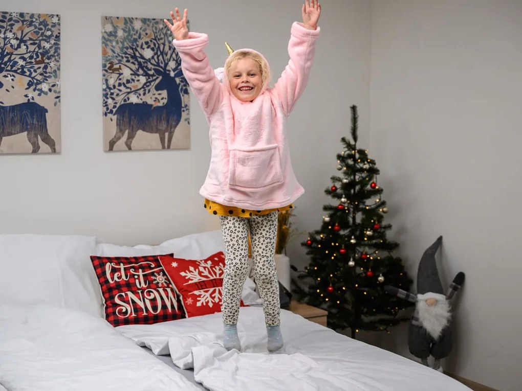 Dziecięcy koc bluza z rękawami i kapturem HOODIE UNICORN różowy