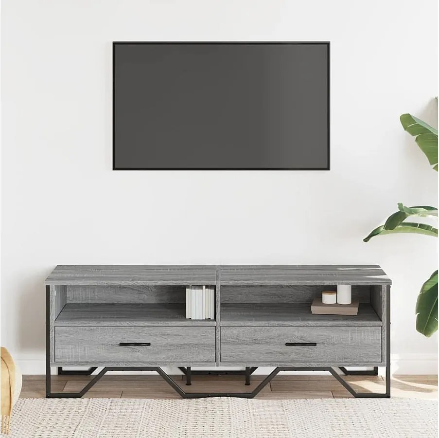 Szafka RTV Sonoma Szara 122x34x41 cm z LED, Drewno Inżynieryjne, Metalowe Uchwyty i Duża Przestrzeń Do Przechowywania