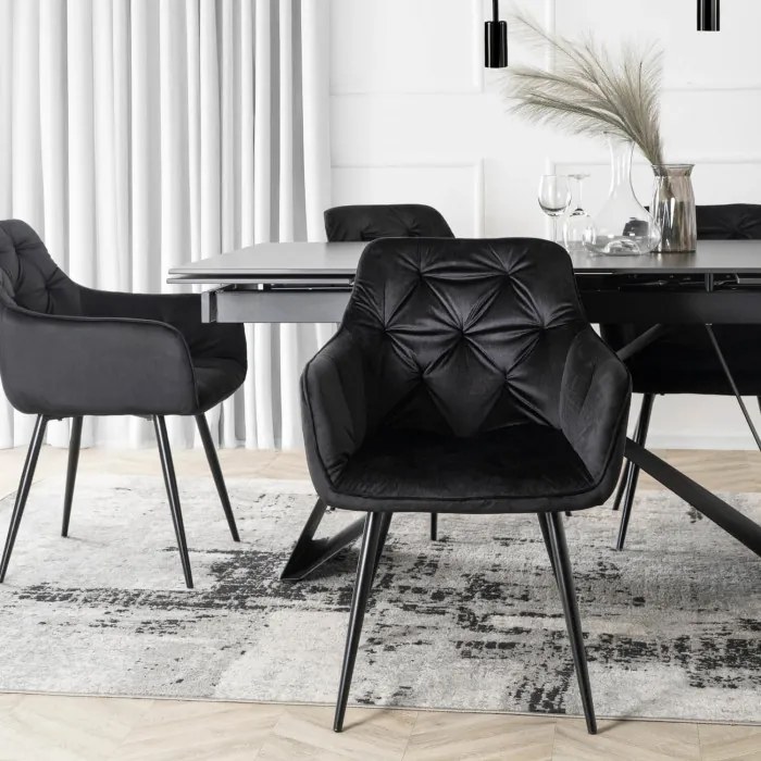 Zestaw Stół Prostokątny Rozkładany VICTOR 160-240 cm Czarny Marmur i 4 Krzesła MODESTO Czarne Welurowe Nowoczesne