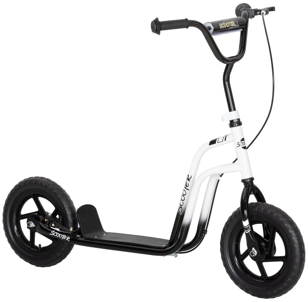 AIYAPLAY Hulajnoga dziecięca z regulowaną kierownicą, dużymi kołami, stojakiem parkingowym, hamulcem ręcznym dla dzieci w wieku 5-12 lat, Biała