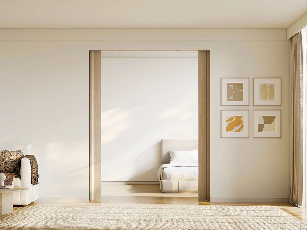 Podwójne drzwi przesuwne z systemem chowanym w ściani, z drewna i ryflowanego MDF – 2 × wys. 205 × szer. 93 cm – AREZO.