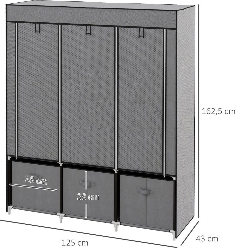 HOMCOM Szafa Składana z Tkaniny Flizelinowej 3 Szuflady Szara 125x43x1625cm | Aosom PL