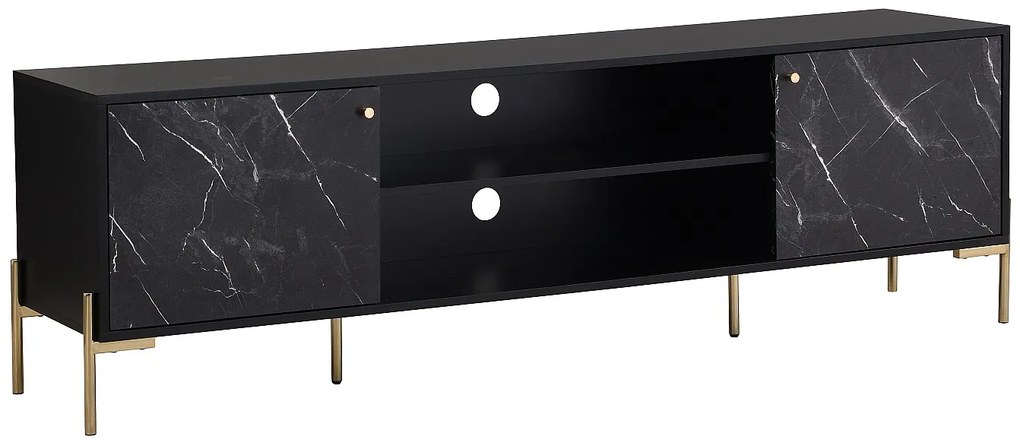 Szafka RTV z 2 zamykanymi schowkami i 2 wnękami z MDF i metalu - Efekt czarnego marmuru i Złoty - CIEMILA marki Pascal Morabito