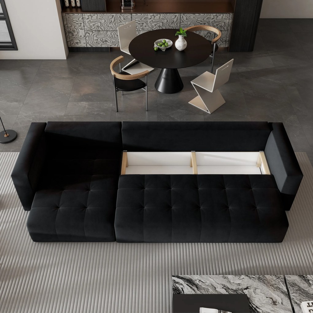 Masseno Narożnik OLVERA z funkcją spania i pojemnikiem na pościel Narozniki L, Rozkładana sofa - Czarny, KRONOS 07