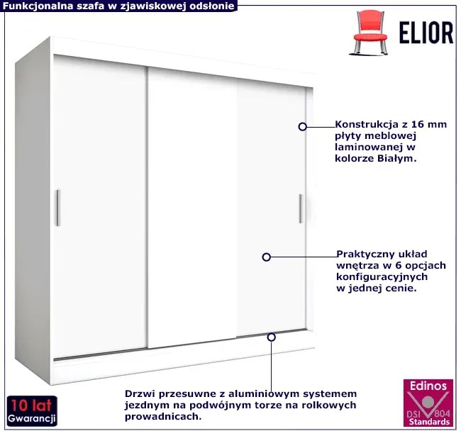 Biała trzydrzwiowa szafa rozsuwana do sypialni 200 cm - Erco 6X