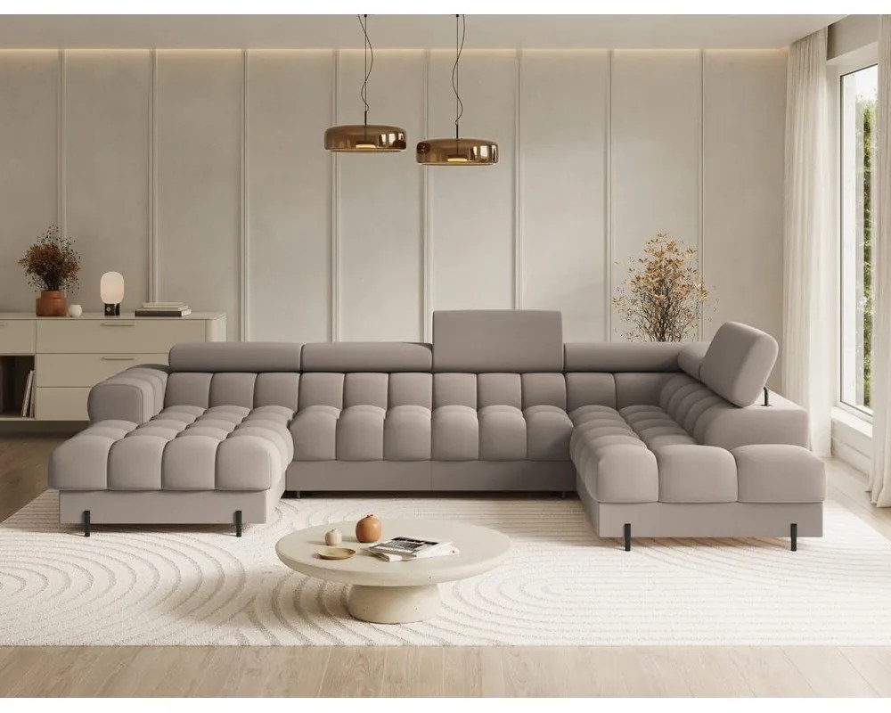 Jasnobrązowy aksamitny rozkładany narożnik (prawostronny/w kształcie litery U) Feraria – ELTAP