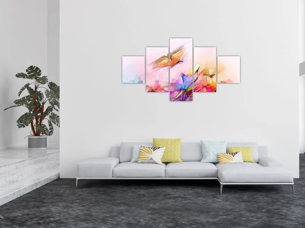 Obraz - Motyl nad kwiatem, abstrakcja (125x70 cm)