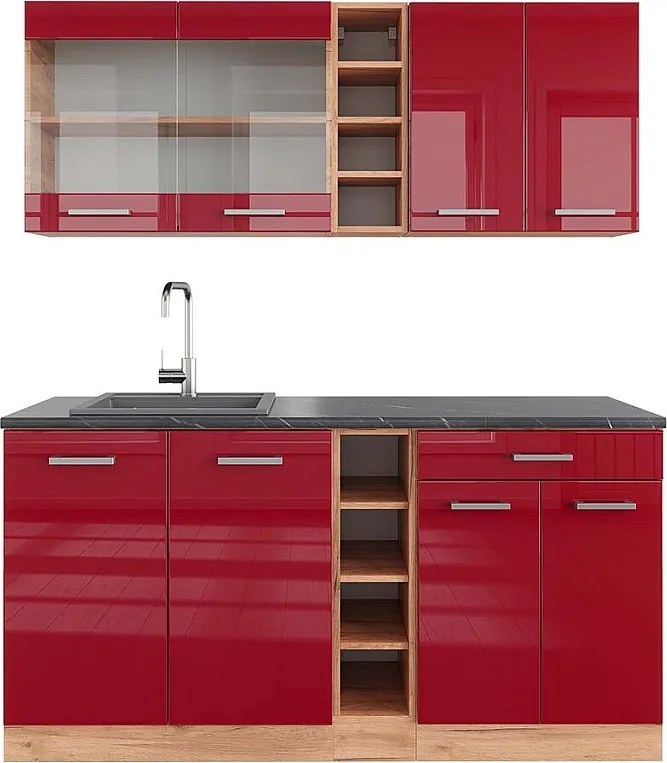 Pojedyncza kuchnia czerwony wysoki połysk/złoty dąb 160x60x81.6 r-line