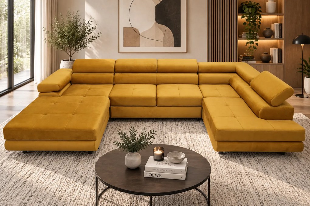 Duża sofa narożna z regulowanymi zagłówkami i pojemnikiem na pościel, złoty/musztardowy, Aspen U, prawy