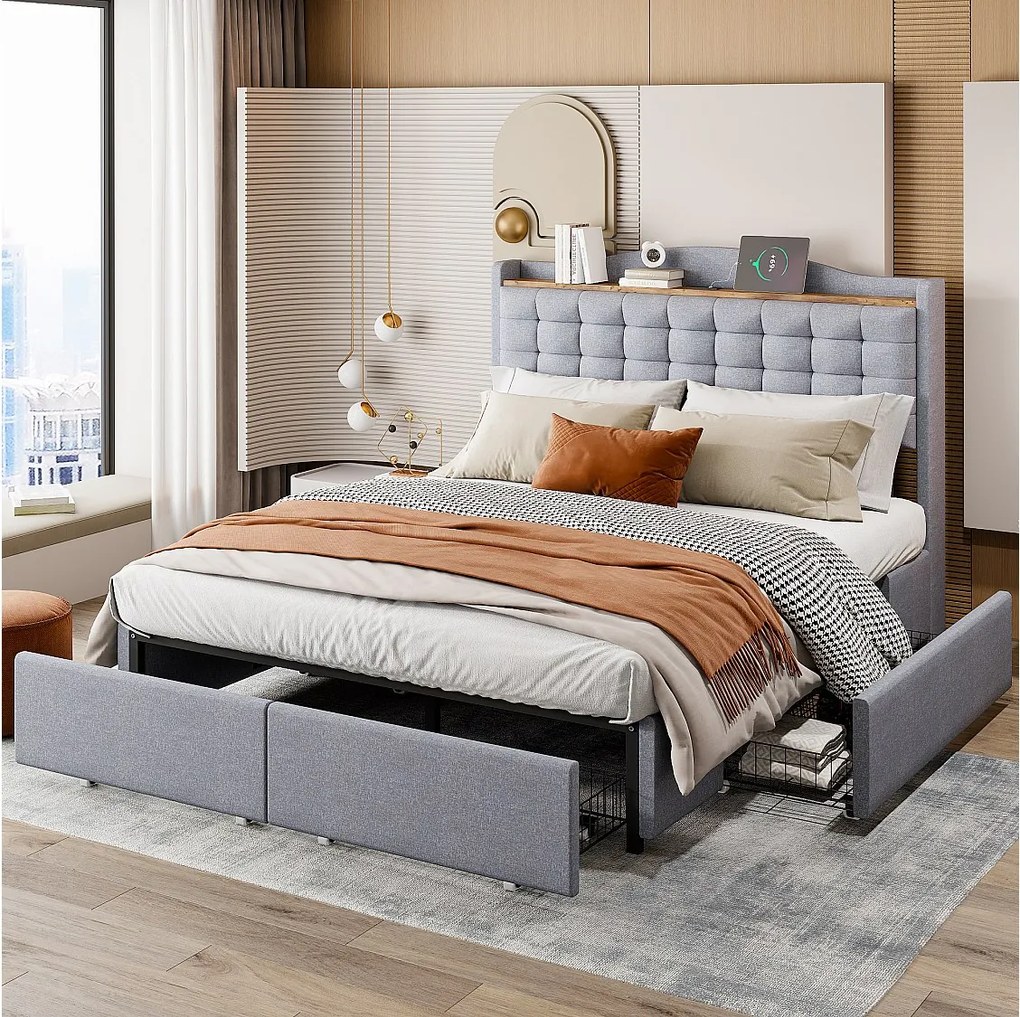 Łóżko dla dorosłych 140x200 cm - Łóżko z ładowaniem USB i 4 szufladami - jasnoszary len - bez materaca