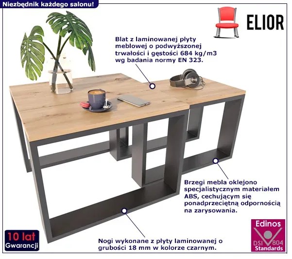 Dwa loftowe stoliki kawowe dąb artisan + czarny - Kotis 3X