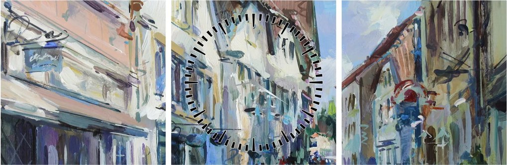 Obraz - Aleja starego miasta, malarstwo akrylowe (z zegarem) (90x30 cm)