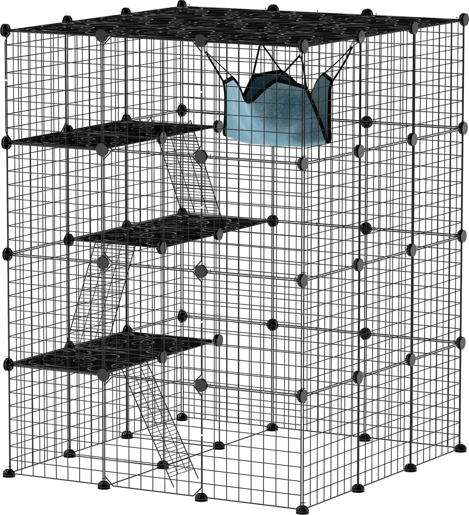 PawHut Klatka dla kota wewnętrzna 4-piętrowa DIY wybieg z gęstą siatką, huśtawką, rampą, drzwiami, platformami do skakania